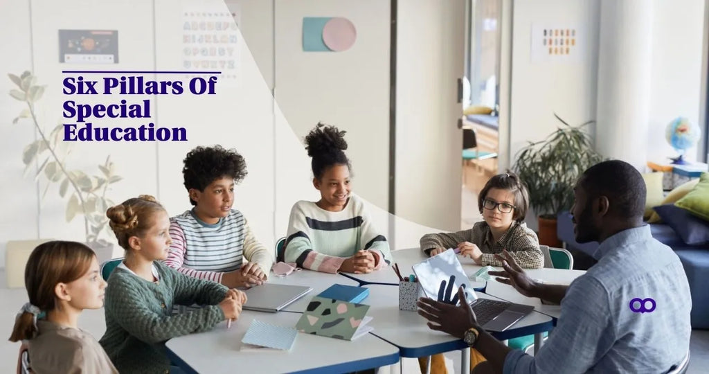 teacher teaching a small classroom group of special education students 