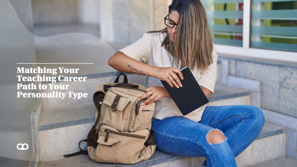new teacher sitting outside school on stairs with a backpack choosing teaching career path based on personality type by enneagram.