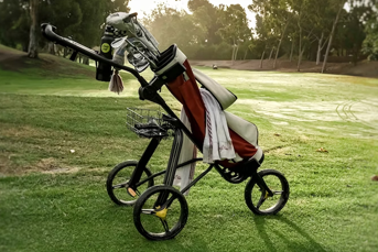 A golf trolley bag out on the fairway