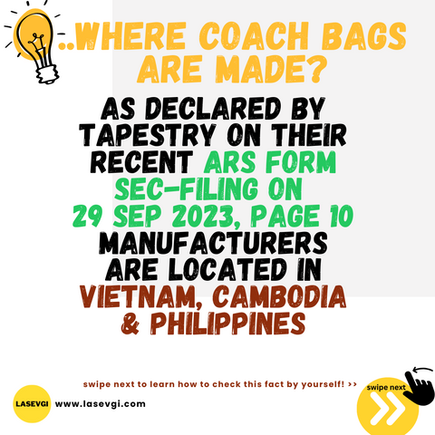 www.lasevgi.com Who owns Coach and where the coach bags are made from as of 2023 & 2024?