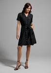 Collared Belted Pocketed Button Front Piping Vintage Self Tie Short Sleeves Sleeves Shirt Dress With a Sash