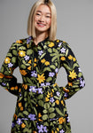 Empire Waistline Shirred Button Front Vintage Tiered Long Sleeves Floral Print Babydoll Collared Above the Knee Shirt Dress