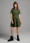 A-line Plaid Print Collared Short Short Sleeves Sleeves Fitted Front Zipper Pocketed Stretchy Skater Dress