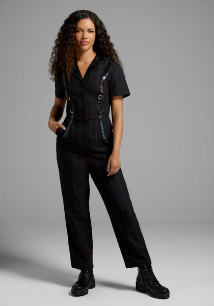 Striped Print Stretchy Button Front Pocketed Collared Short Sleeves Sleeves Jumpsuit