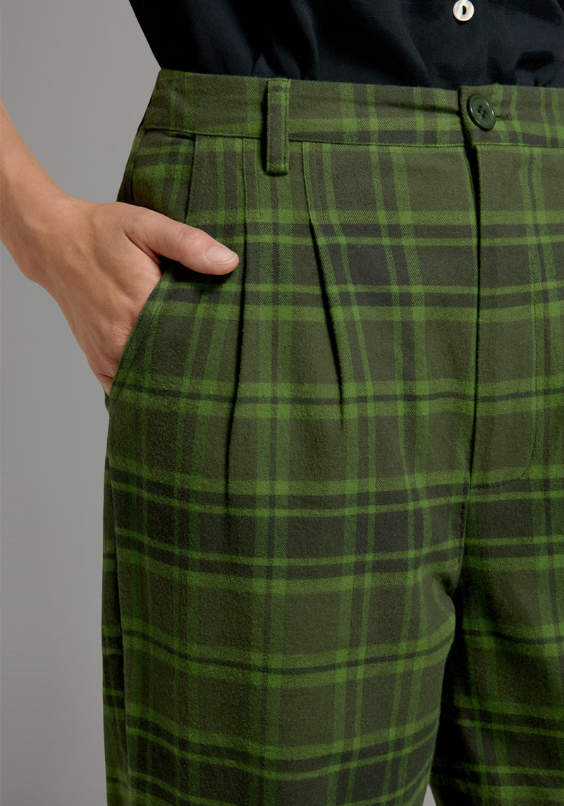 HT Denim Green Plaid Straight-Leg Pants With Buckle Belt