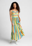 Gathered Tiered Fitted Spaghetti Strap Sweetheart Striped Print Viscose Spring Summer Maxi Dress