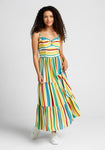 Striped Print Viscose Sweetheart Tiered Gathered Fitted Spring Spaghetti Strap Maxi Dress