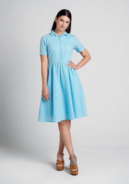 Collared Short Sleeves Sleeves Side Zipper Fitted Pocketed Button Closure Button Front Swing-Skirt Cotton Fit-and-Flare Dress