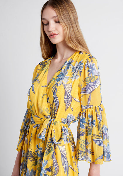 Tall V-neck Flutter Sleeves Flowy Belted Wrap Vintage Summer Floral Print Midi Dress