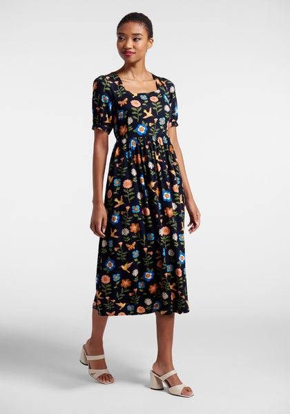 Short Sleeves Sleeves Square Neck Floral Print Empire Waistline Shirred Gathered Back Zipper Pocketed Polyester Midi Dress