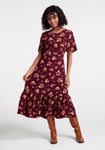 A-line Cold Shoulder Sleeves Round Neck Tiered Fitted Gathered Vintage Back Zipper Floral Print Viscose Midi Dress