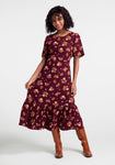 A-line Floral Print Viscose Cold Shoulder Sleeves Round Neck Fitted Vintage Gathered Back Zipper Tiered Midi Dress