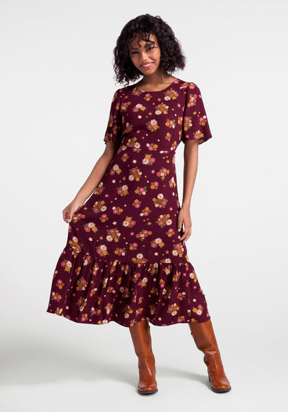 A-line Fitted Tiered Vintage Gathered Back Zipper Floral Print Cold Shoulder Sleeves Round Neck Viscose Summer Midi Dress