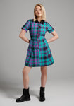 Short Sleeves Sleeves Collared Stretchy Front Zipper Asymmetric Pocketed Fitted Plaid Print Short Skater Dress