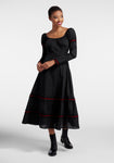 A-line Embroidered Vintage Flower(s) Tiered Piping Button Closure Fitted Ruffle Trim Long Sleeves Maxi Dress