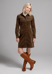 A-line Fall Fitted Pocketed Vintage Stretchy Button Front Collared Long Sleeves Shirt Dress
