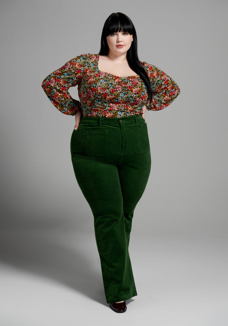 60s Pants, Jeans, Hippie, Flares | 60s Jumpsuits, Overalls ModCloth All Aboard For Corduroy Flare-Leg Pants in Green Size 26 W $79.00 AT vintagedancer.com