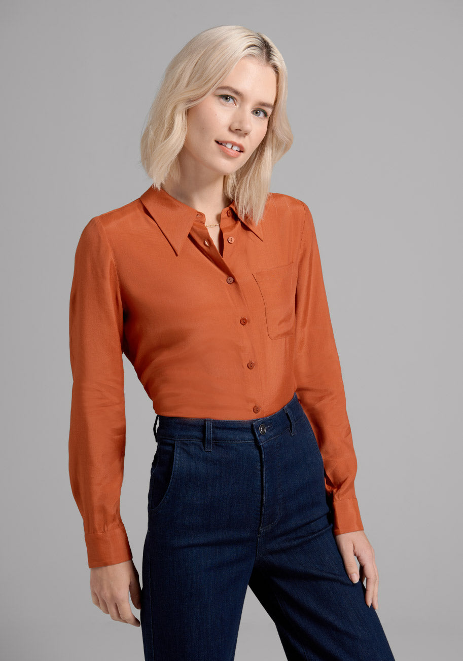 Women’s 70s Shirts, Blouses, Hippie Tops, T-Shirts ModCloth Point In Time Button-Up Top in Orange Size 4X $55.00 AT vintagedancer.com