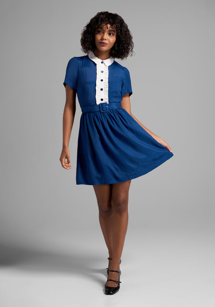 60s Mod Clothing Outfit Ideas ModCloth Yes Darling Fit and Flare Dress in Blue Size 26 W $99.00 AT vintagedancer.com