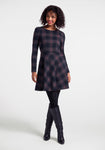 Round Neck Long Sleeves Above the Knee Fit-and-Flare Plaid Print Darts Jacquard Stretchy Back Zipper Fitted Vintage Shirred Dress