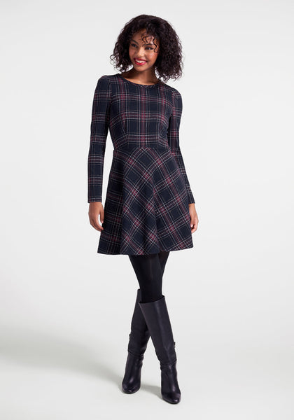 Above the Knee Fit-and-Flare Long Sleeves Round Neck Plaid Print Darts Jacquard Back Zipper Stretchy Shirred Vintage Fitted Dress