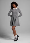 A-line Long Sleeves Collared Back Zipper Shirred Pocketed Vintage Fitted Plaid Print Above the Knee Fit-and-Flare Dress