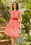 Dots Print Below the Knee Fit-and-Flare Gathered Side Zipper Pocketed Belted Fitted Cap Sleeves Dress