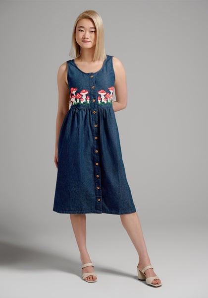 A-line Fall Round Neck Button Front Pocketed Fitted Embroidered Pinafore Above the Knee Jumper