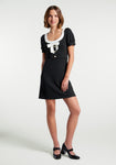 A-line Above the Knee Collared Back Zipper Button Front Vintage Puff Sleeves Sleeves Dress With a Bow(s)
