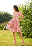 A-line Fitted Pocketed Gathered Scoop Neck Summer Above the Knee Cotton Short Sleeves Sleeves Dress