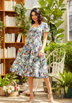 Sweetheart Swing-Skirt Above the Knee Cotton Gathered Fitted Pocketed Button Closure Back Zipper Fit-and-Flare Floral Print Short Sleeves Sleeves Shirt Dress