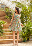 Spring Floral Print Square Neck Above the Knee Brocade Shirred Pocketed Gathered Fitted Vintage Back Zipper Fit-and-Flare Dress