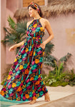 Tropical Print Tie Waist Waistline Pocketed Drawstring Flowy Viscose Maxi Dress