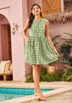 Fit-and-Flare Floral Print Sleeveless Fitted Gathered Pocketed Short Dress