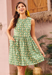Short Pocketed Gathered Fitted Floral Print Fit-and-Flare Sleeveless Dress