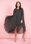 Tall Crew Neck Dolman Flutter Sleeves Button Closure Pleated Mesh Accordion Shirred Sheer Flowy Keyhole Swing-Skirt Kaftan/Midi Dress