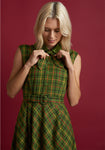 A-line Plaid Print Above the Knee Button Closure Fitted Pocketed Belted Vintage Sleeveless Swing-Skirt Collared Fall Dress