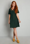 A-line V-neck Embroidered Button Front Flower(s) Short Sleeves Sleeves Collared Above the Knee Dress