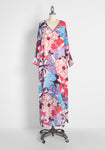 V-neck Sheer Batwing Sleeves Flowy Vintage Draped Summer Floral Print Kaftan/Maxi Dress