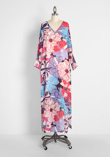 V-neck Summer Floral Print Sheer Batwing Sleeves Flowy Vintage Draped Kaftan/Maxi Dress