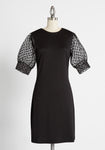 Tall Sheer Puff Sleeves Sleeves Dots Print Shift Back Zipper Fitted Stretchy Sheer Little Black Dress/Party Dress
