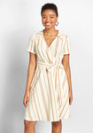 V-neck Semi Sheer Side Zipper Pocketed Faux Wrap Striped Print Midi Dress With a Sash