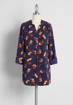 Polyester General Print Collared Button Front Gathered Vintage Pocketed Long Sleeves Tunic