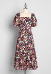 A-line Floral Print Square Neck Puff Sleeves Sleeves Side Zipper Stretchy Shirred Tiered Peasant Dress/Midi Dress