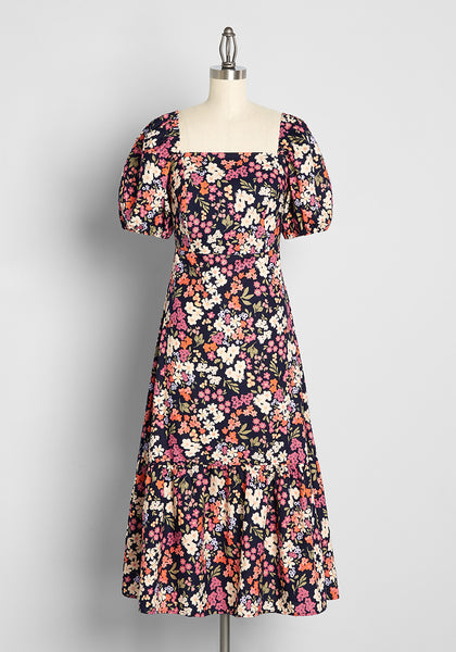 A-line Puff Sleeves Sleeves Square Neck Floral Print Side Zipper Tiered Stretchy Shirred Peasant Dress/Midi Dress