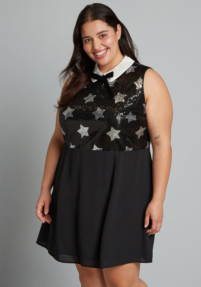 Navy Plus Size Sequin Woven Skater Dress