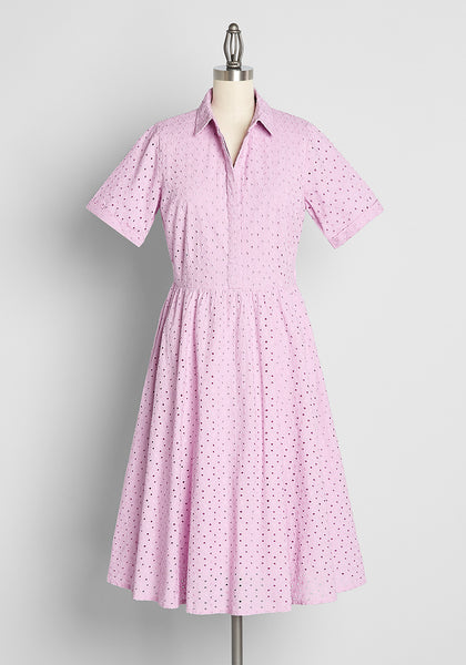 Fitted Button Closure Side Zipper Pocketed Button Front Collared Swing-Skirt Fit-and-Flare Cotton Sheer Short Sleeves Sleeves Dress