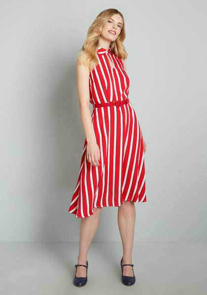 Plus Size A-line Collared Summer Striped Print Sleeveless Swing-Skirt Flowy Pocketed Back Zipper Keyhole Belted Semi Sheer Viscose Midi Dress