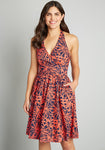 A-line V-neck Floral Print Halter Cotton Full-Skirt Back Zipper Pocketed Vintage Dress