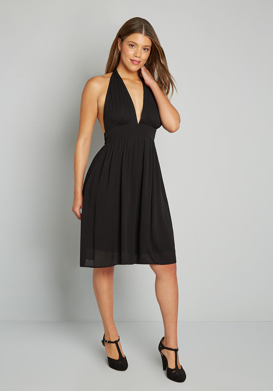 Deep V Halter Dress in black